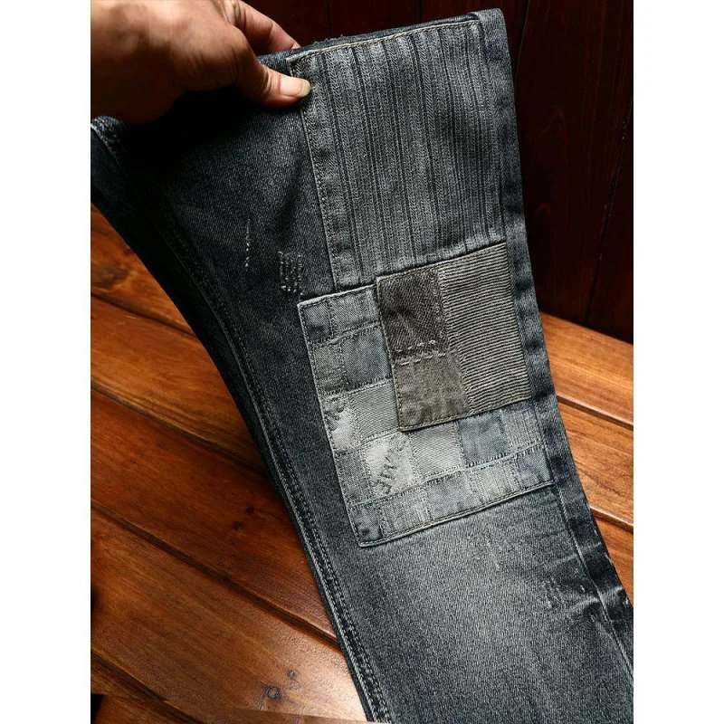 Celana jeans pengendara sepeda motor pria, tabung lurus slim fit elastis retro fashion splicing kasual dicuci