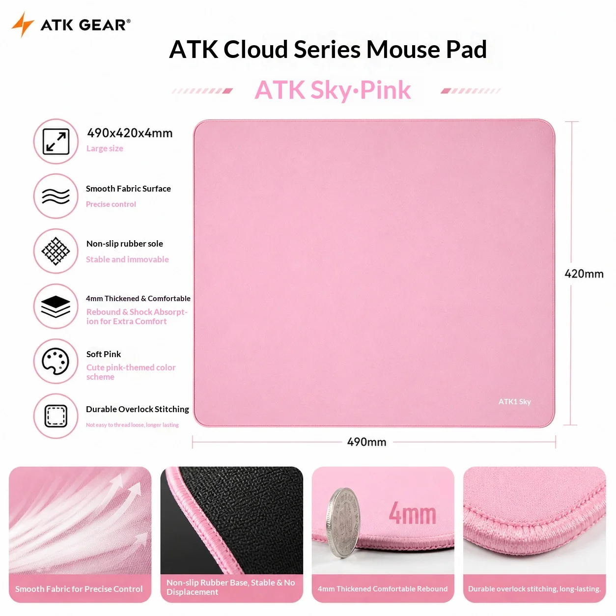 ATK Sky Pink Large Gaming Mousepad 490*420mm 4mmThick Non-slip Base Smooth Cloth PreciseTracking Lock Edge Desk Mat For PC Gamer