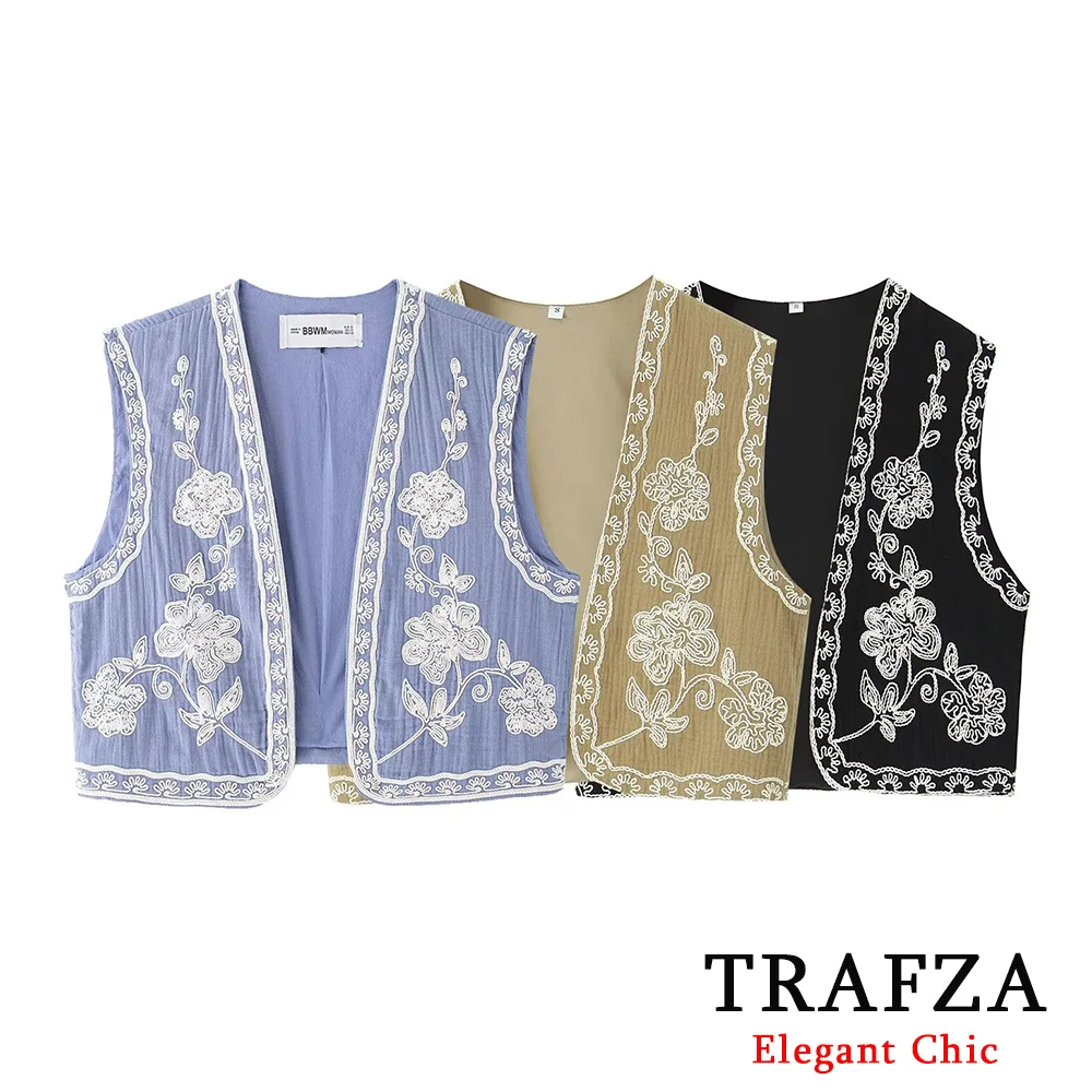 TRAFZA Tops Womens Embroidery Floral Vintage Vest Women V-neck Camisole Female Autumn Almighty Tank Top Retro Style Dropshipping