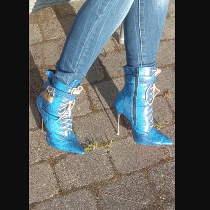 

Snakeskin Lock Lace Up Boots Thin High Heel Pointed Toe Fashionable Sexy Cool 2025 Winter Big Size Woman Shoes Zapatillas Mujer