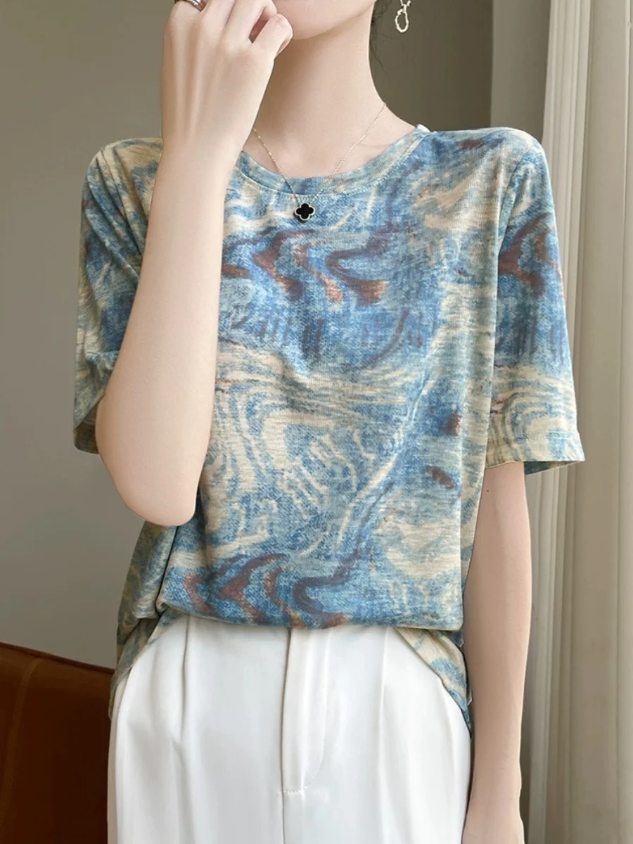 صيف جديد Faion طباعة جولة Ne ort Sve المرأة ليوسيل الحرير محبوك irt تصميم فريد من نوعه الإحساس أناقة