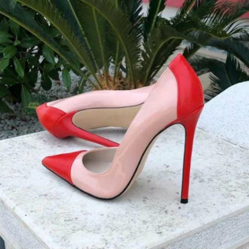 

Big Size46 Pink Red Leather Patchwork Stiletto Heel Pumps 12CM 10CM 8CM Pointed Toe Shallow Women Dress Shoes Slip-on