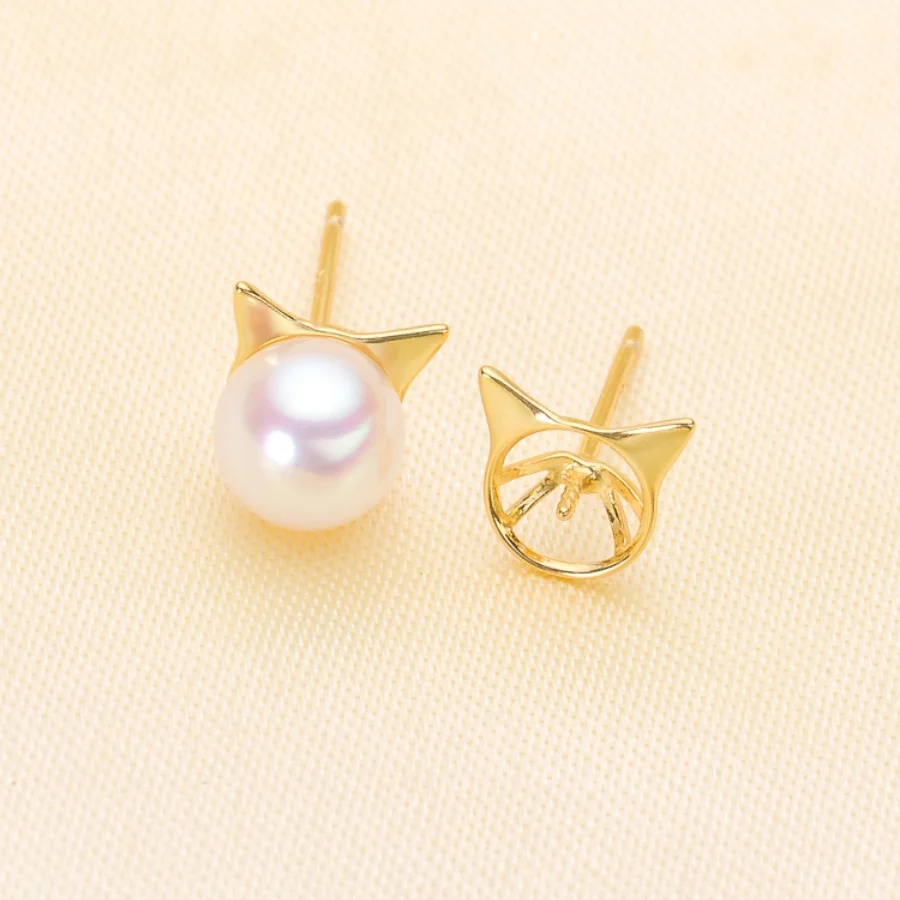 

DIY Cat Design Pearl Jewelry S925 Silver Earring And Ring Base Kit with 5-7mm round And Flat Beads Gemstone Accessories