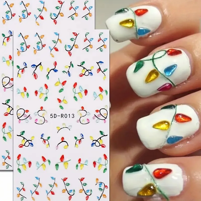 5D Embossed Colorful Christmas Fairy Light Nail Stickers, Self Adhesive String Bulb Nail Decals, Cute Xmas Holiday Sliders for Winter Party DIY Manicure Nail Art Decor Accessories