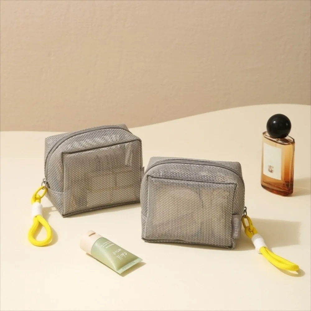

New Mesh Cosmetic Bag Large Capacity Grey Lipstick Key Storage Pouch Square with Handle Travel Toiletry Bag