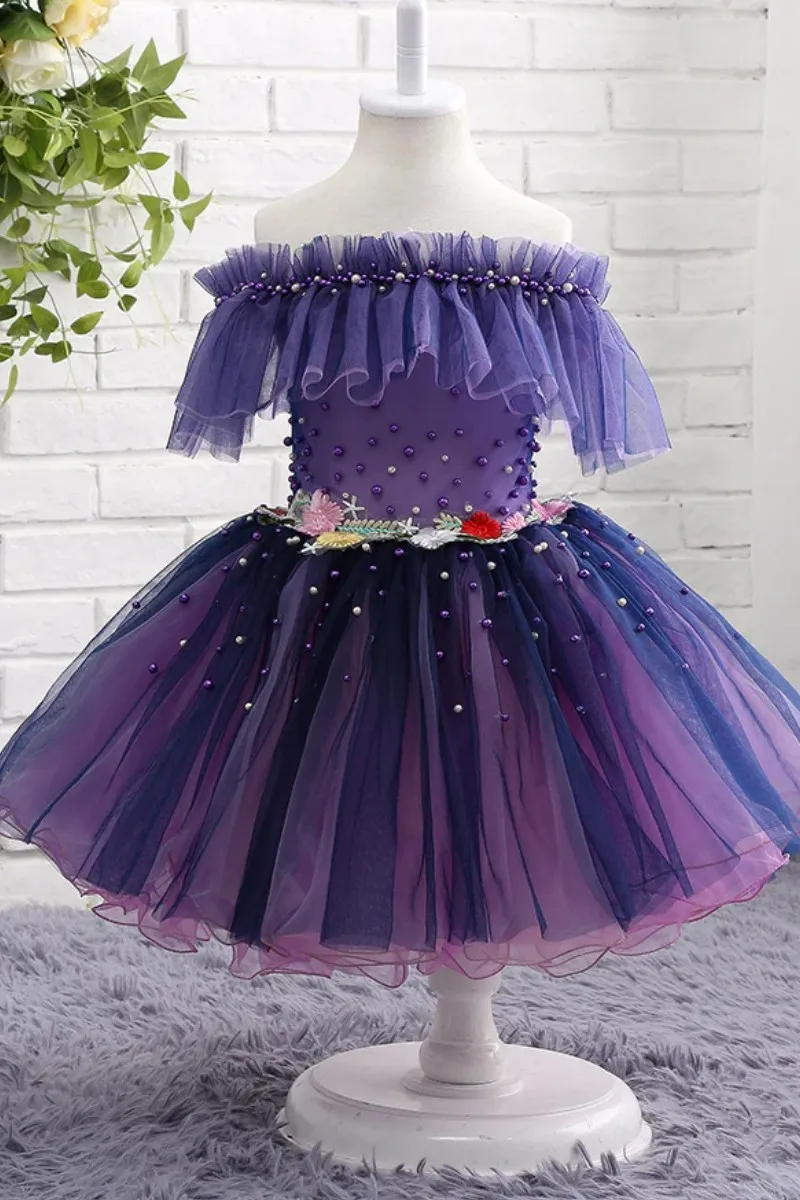 

Flower Girl Dress Purple Tulle Off The Shoulder Tiered With Appliques And Beading Fit Wedding Party Birthday First Communion Gow