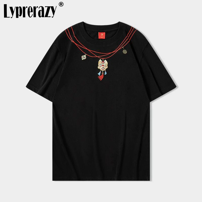 

Lyprerazy National Tide Chinese Style Embroidered Short-sleeved T-shirt Summer Cotton Loose Tops Tees