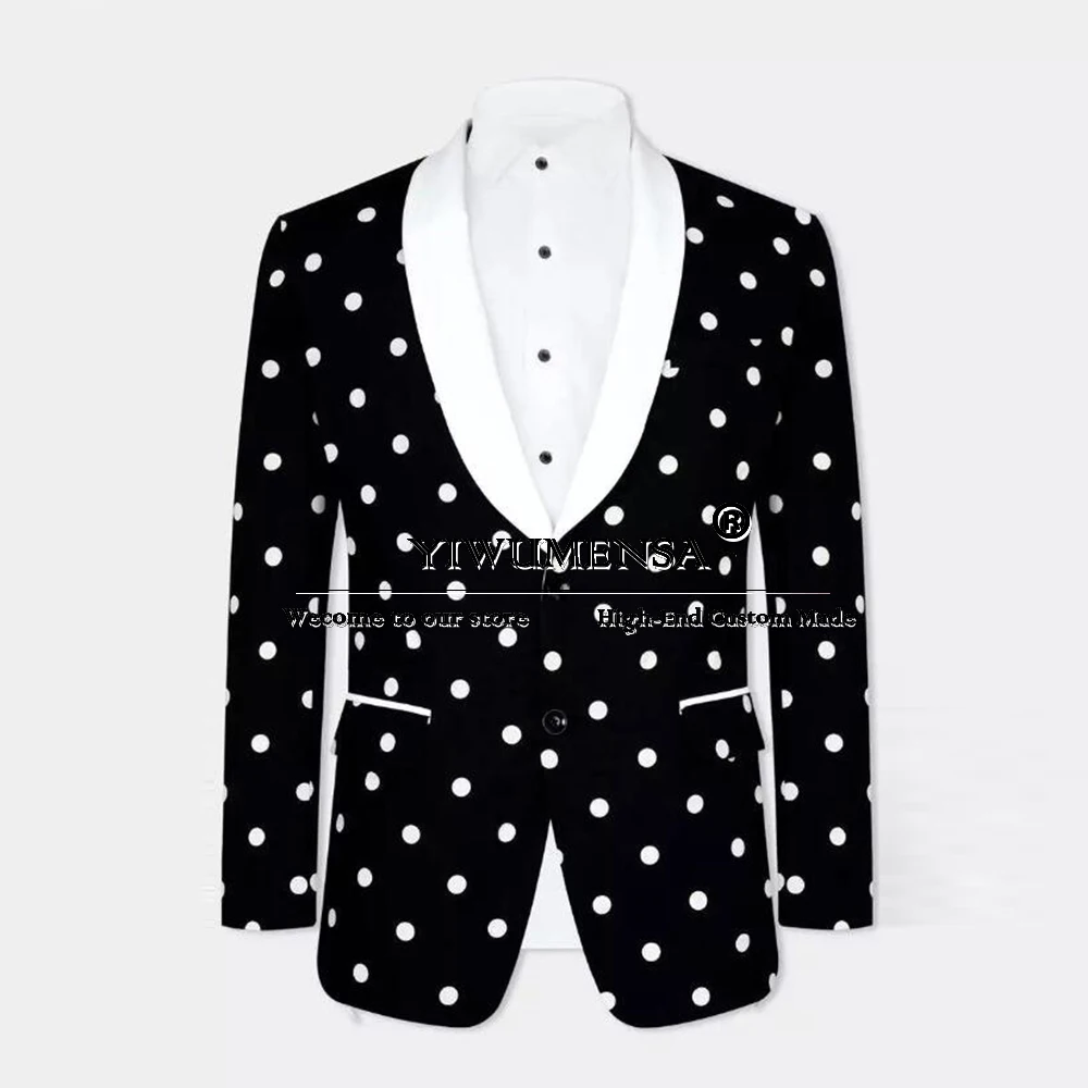 Elegance High-end Black With White Polka Dotted Jacket Pants 2 Pieces Groom Wedding Tuxedos Business Dinner Prom Blazer Sets