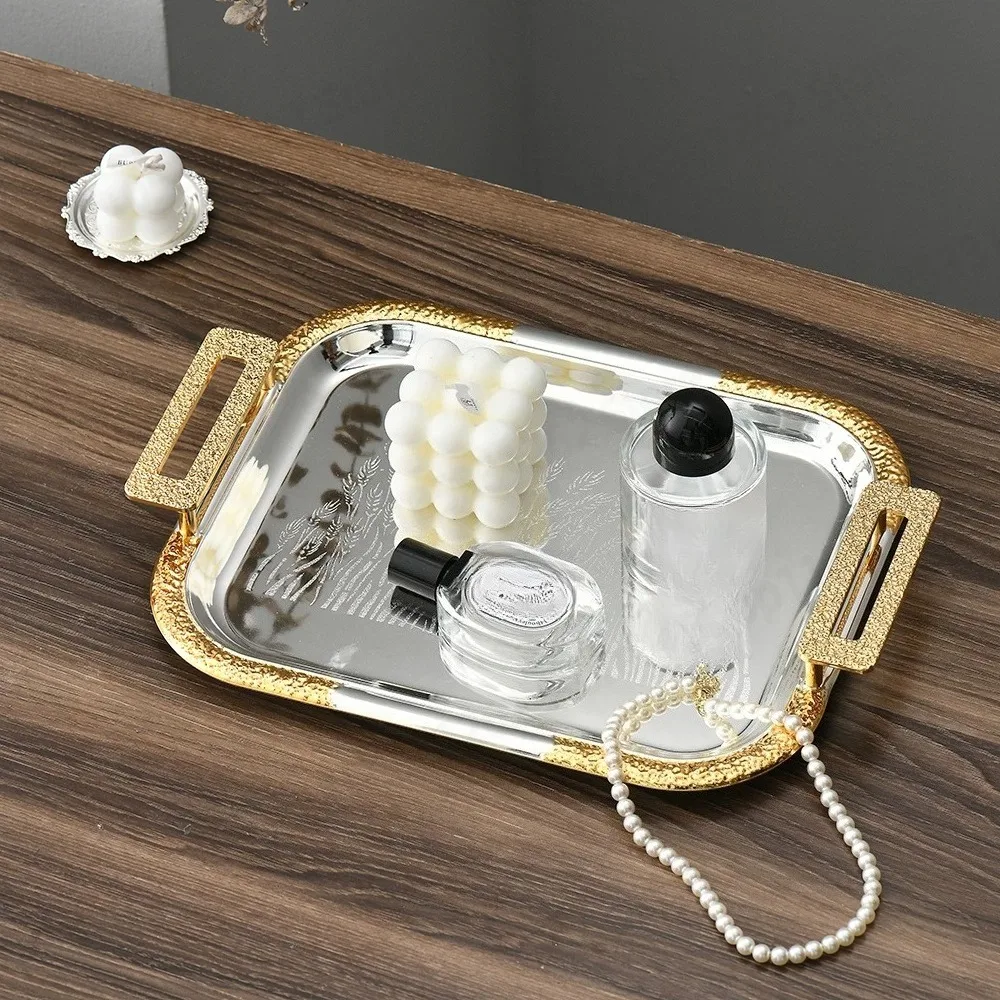 Gold silver rectangular tray home living room coffee table fruit snack dessert storage rack kit set