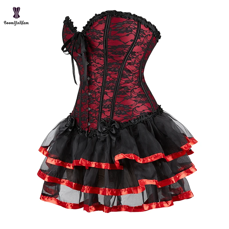 Ladies Dressing Up Suit Skinny Costume Festival Clothes Christmas Corset Dress Red Korset Women Top With Layered Skirt