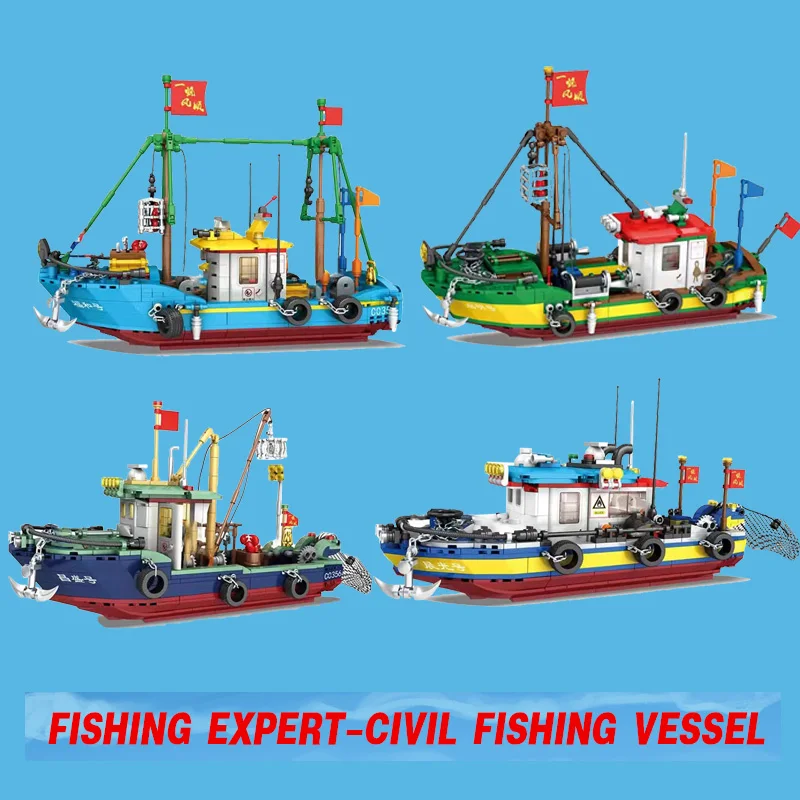 Fishing Expert Giant Ship Fisherman Shipbuilding Building Block  Boat Model Boy Assembling Educational Toys