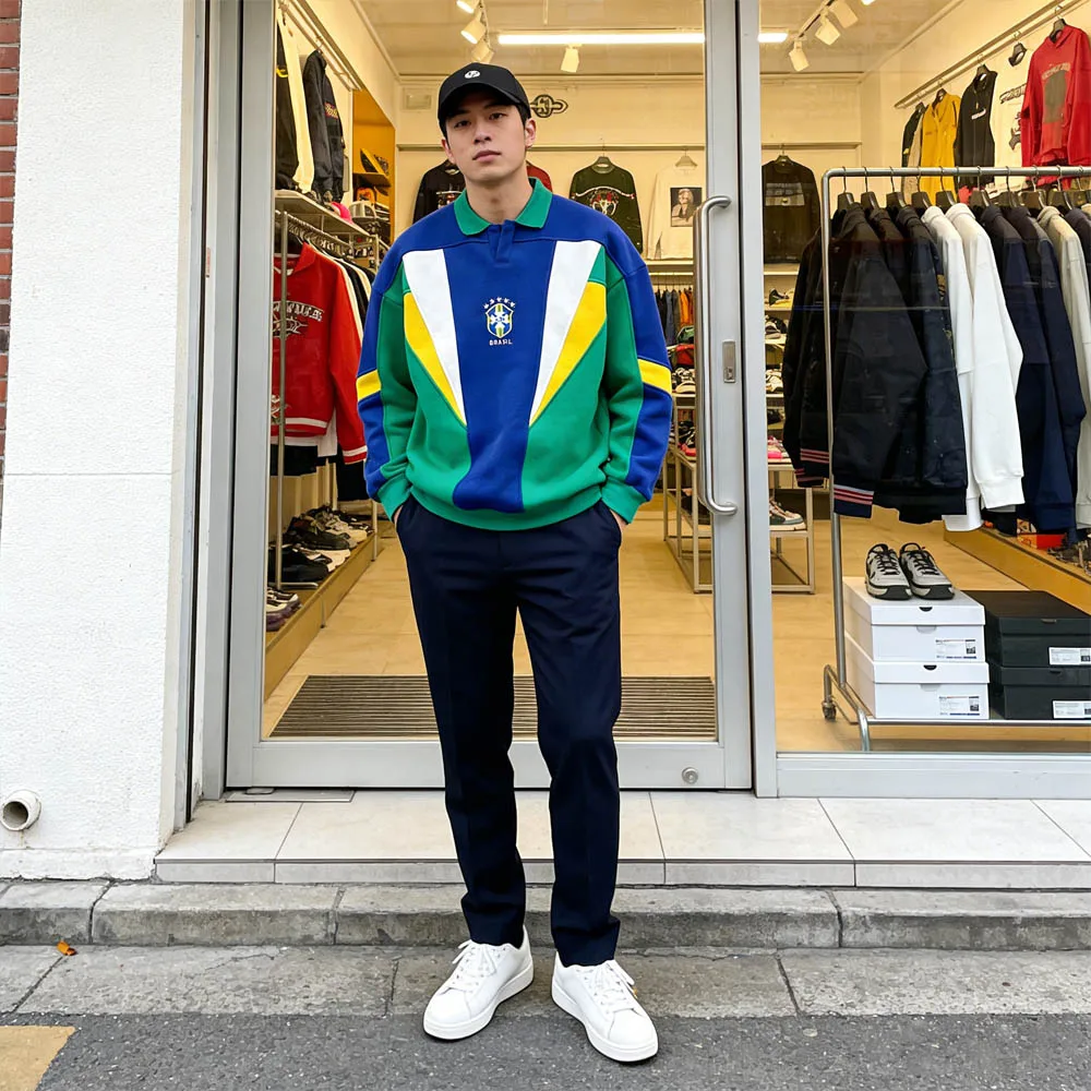 Brasilien-Team Retro Farbblock-Polokragen-Sweatshirt für Herren und Damen Locker Sitzender Übergroßer Fußball-Mode-Marken-Pullover Streetwear-Oberteil