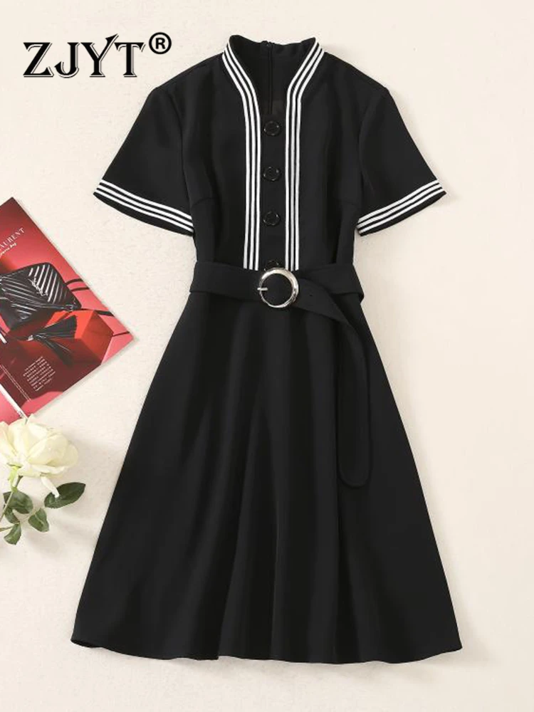 

ZJYT Designer Summer Women's Dress Black Striped Patchwork Short Sleeve Casual Vestidos Para Mujer Elegant Aline Party Robes