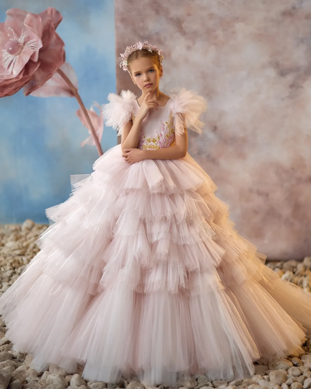 Robes de demoiselle d'honneur rose blush, en tulle, pour fête d'anniversaire de petite fille, robes de première communion pour enfants