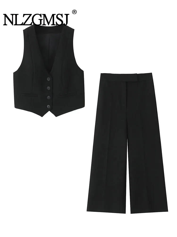 

Винтажный повседневный шикарный женский костюм без рукавов, однобортный жилет с v-образным вырезом, прямые свободные брюки, новая мода, весенние комплекты 2025 года