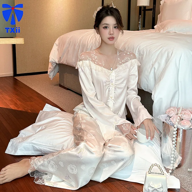 Elegant Ice Silk Pajamas Women's Spring Autumn  Thin Internet Celebrity 2024 New Style Pure Desire Style Sexy Silk Home Clothes