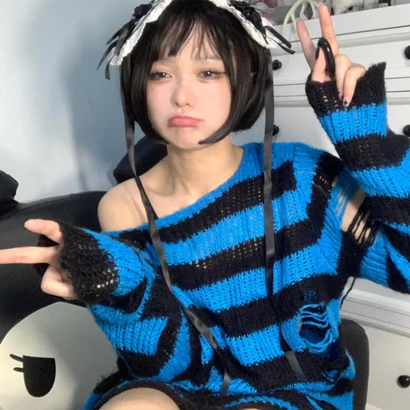 Karrram Japanese Harajuku Kawaii Pullover Y2k Aesthetics Hollow Out Striped Sweater 2000s E-girl Cute Knit Jumpers Fairy Grunge