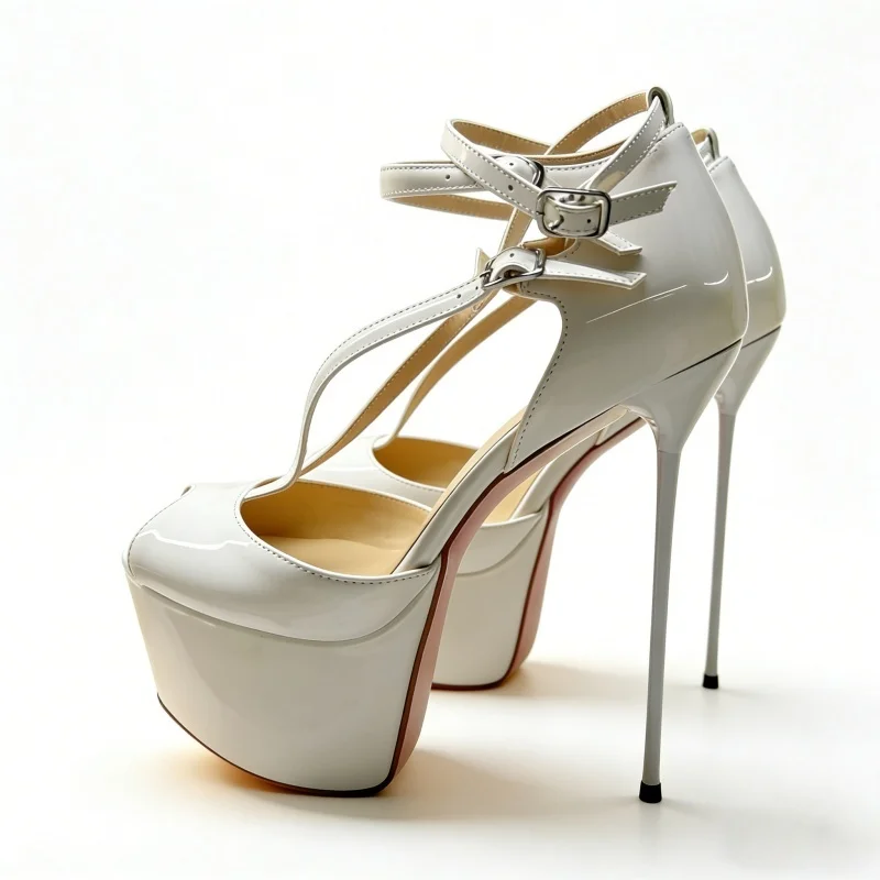 

White Patent Leather High Platform Heels Sandals Belt Buckle Strap Peep Toe Metal Stiletto High Heels T Straps Pumps Size46