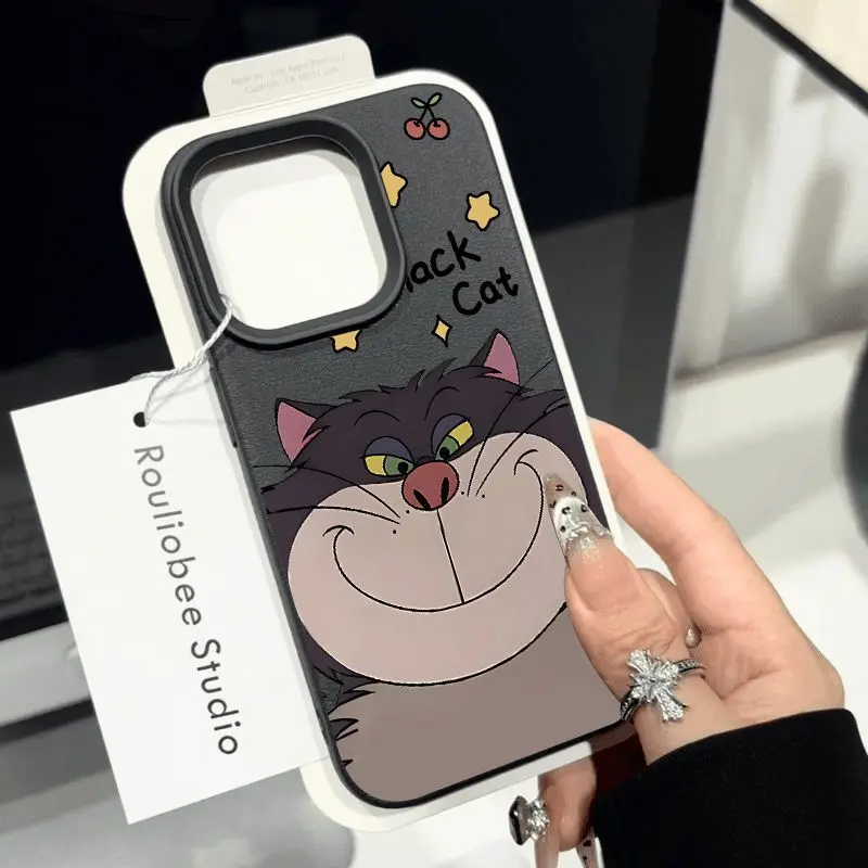 Funny Cute Lucifer cat Fashion TPU Imitation Leather Phone Case For iPhone 16 Plus 15 14 13 12 11 Pro Max Shock-absorbing