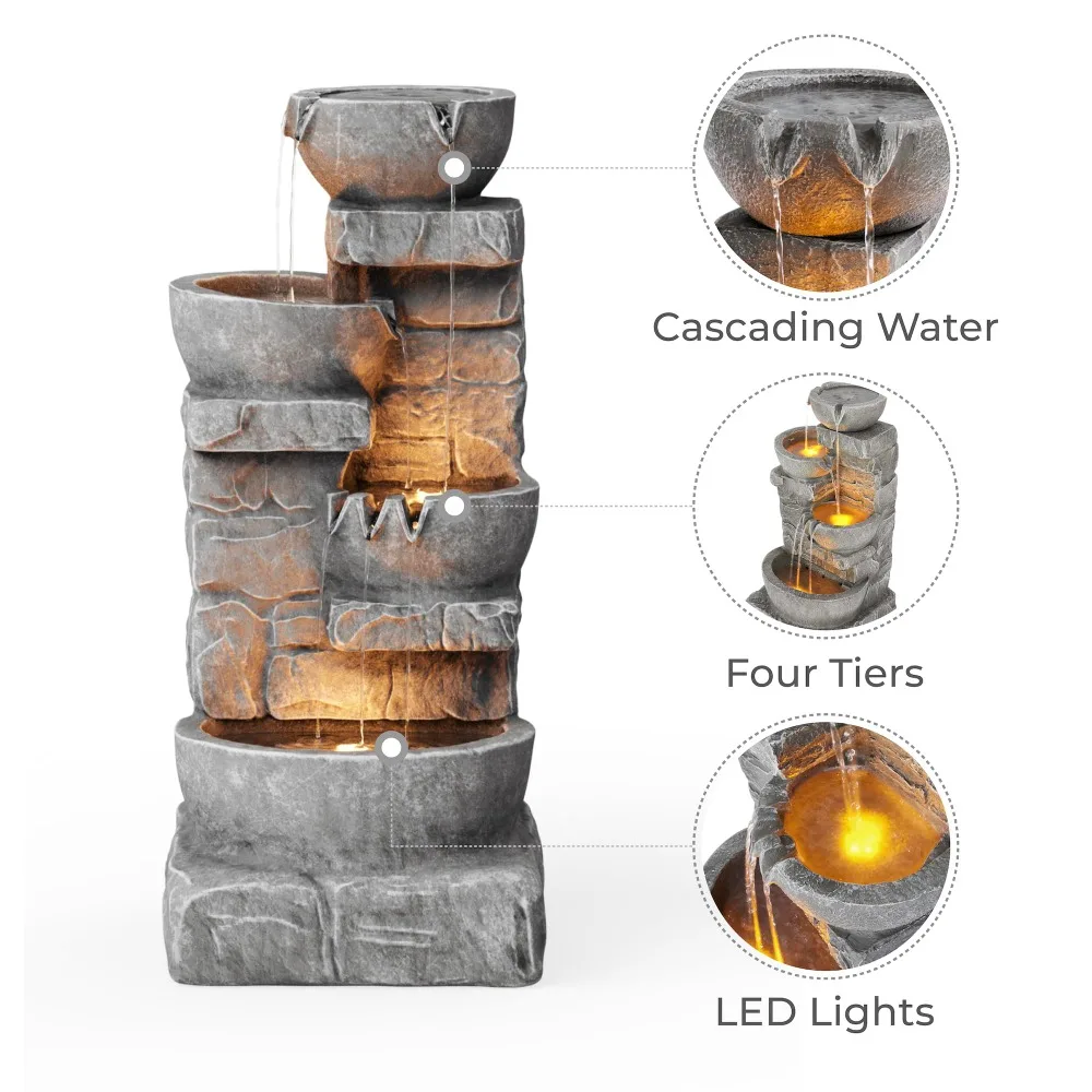 2024 New 33.25 in. Cascading Bowls and Stacked Stones LED Outdoor Water Fountain for Outdoor Living Spaces