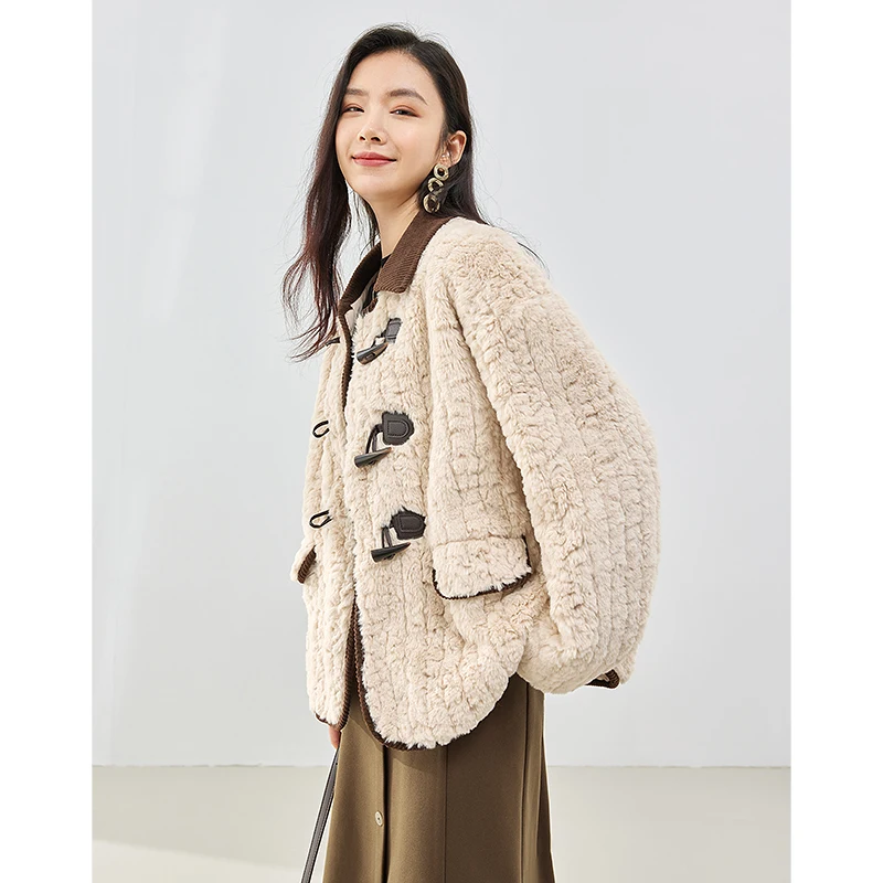 Toyouth Women Plush Coat 2023 Winter Long Sleeve Lapel Loose Jacket Cow Horn Buckle Fashion Warm Soft Khaki Clothes Tops