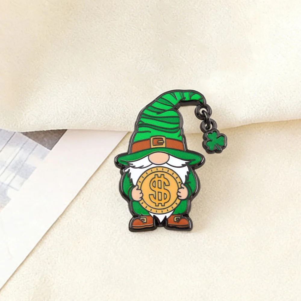 St. Patrick's Day Glücksbringer Grüner Kobold Emaille-Brosche Fee mit Goldmünze und Kleeblatt-Design Abzeichen Irland Festival Geschenk – Detail 13