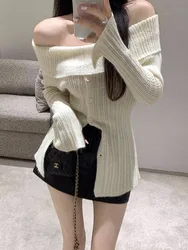 Zoki Chic Slash Neck Sweaters Women Sexy Off Shoulder Elegant Knitted Pullovers Korean Long Sleeve Sweet Female Fashion Jumpers