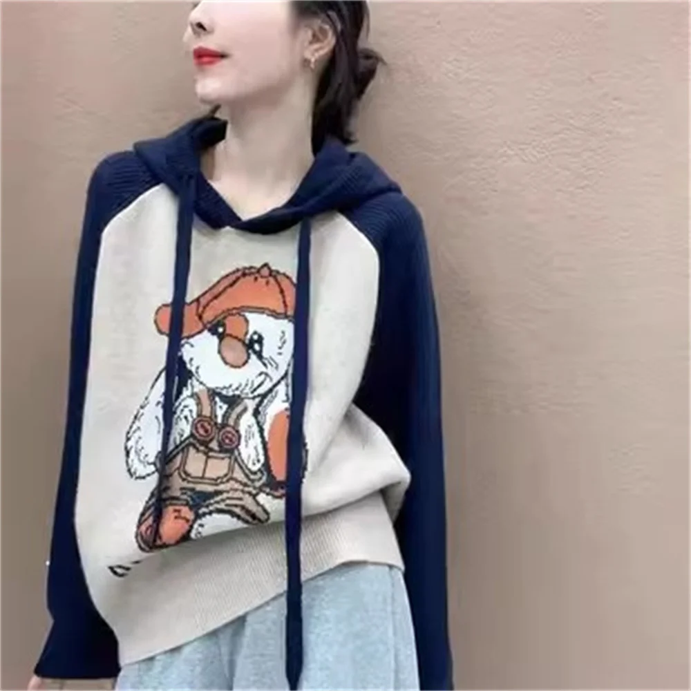 

Korean Edition Reduced Age Printed Hooded Knitted Sweater Women From Europe 2023 Spring Autumn New Casual Versatile Sweater Top