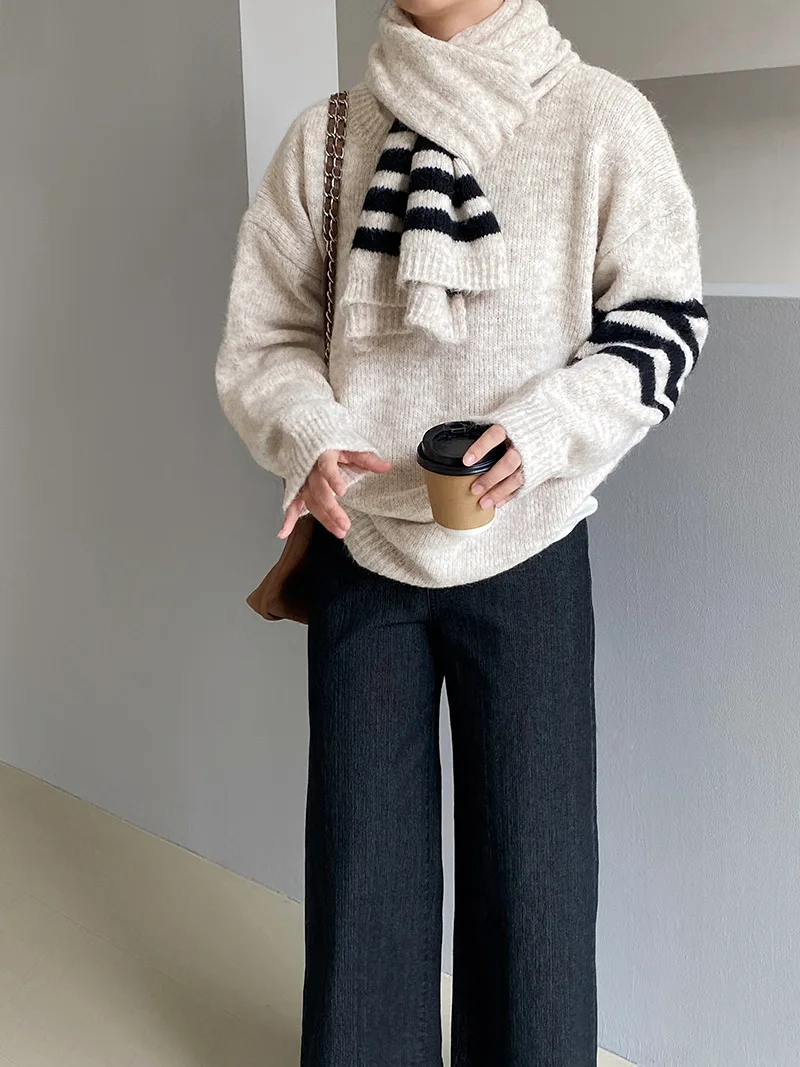 

Korobov Autumn Korean Loose O Neck Long Sleeve Striped Patchwork All Match Pullover