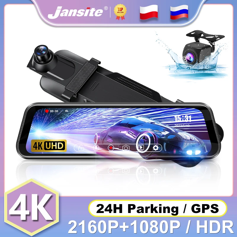 

Jansite 10" Car DVR 4K+1080P Dash cam Touch Screen Ultra HD 3840*2160P Dual Lens Rear View Mirror Time-lapse Video Backup Camera