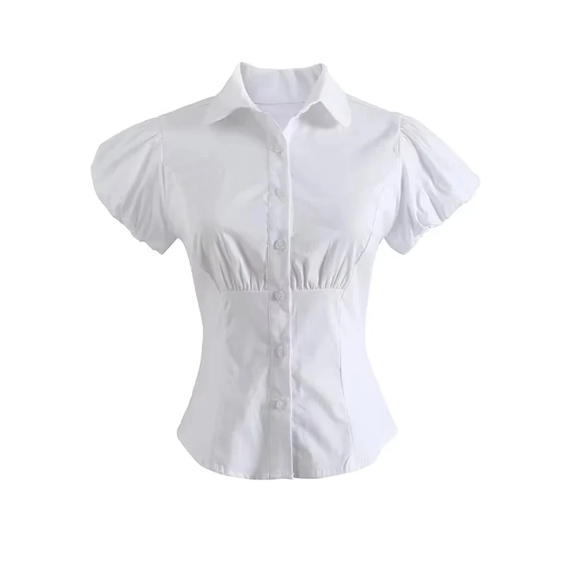 Slim Fit Pure Color Bubble Sve ort irt for Women Retro Pleated Slimming Arc  Small irt Commute Sle Flip Collar