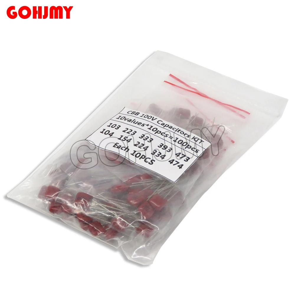 100PCS=10Value*10PCS Metallized Polyester Film Capacitors CBB Assortment Kit 100V 10nF ~ 470nF KIT