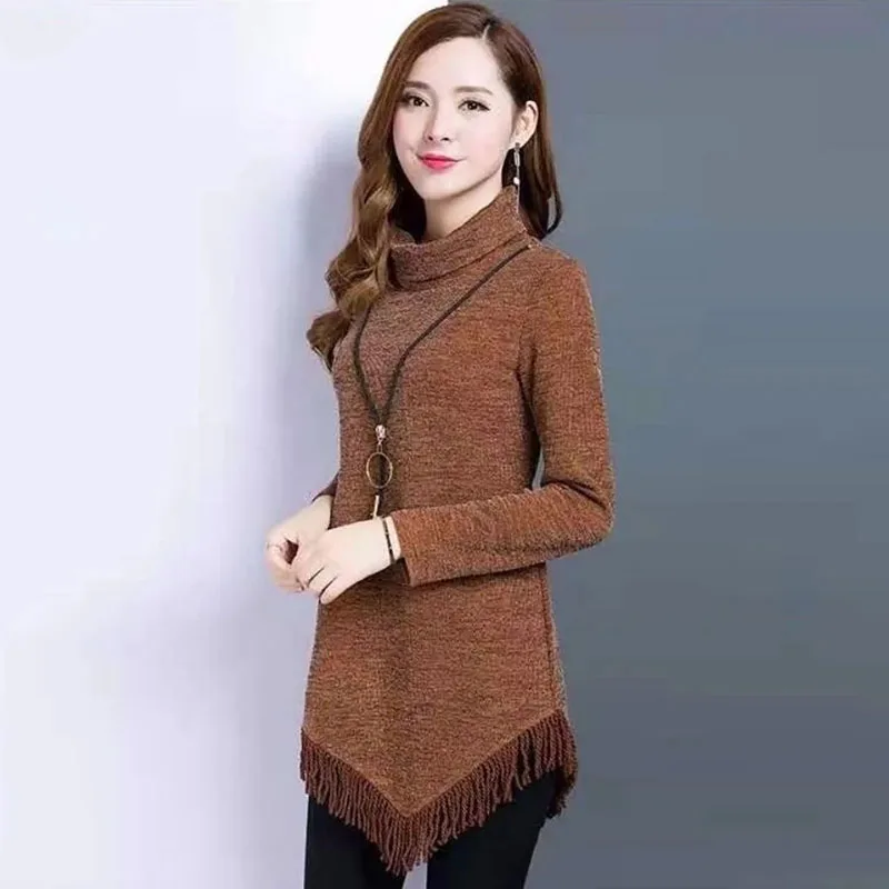 Large Size Women's Dress A-line High Collar Autumn Winter New Loose Female Tassel Fashion Pullover knitting Femme Mid length Top