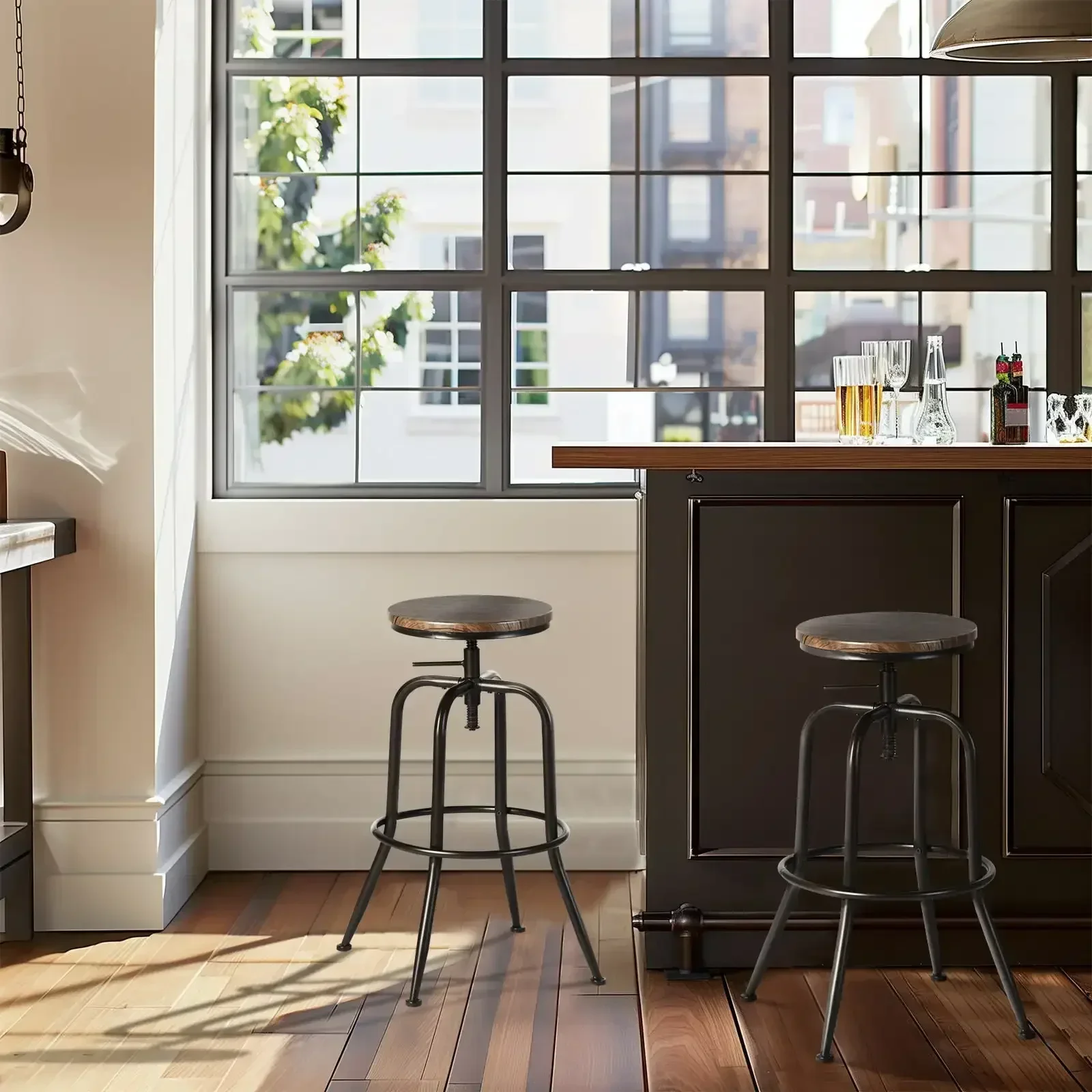 Swivel Bar Stools Set of 2, Adjustable Height Vintage for Home Kitchen Island, Walnut
