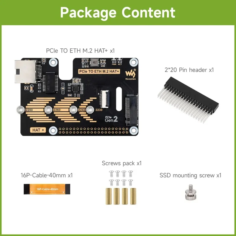 Waveshare PCIe To ETH And.2 Adapter Raspberry Pi 5, Compatible With 2280/2260/2242/2230 Size NVMe.2 SSD High-Speed Read