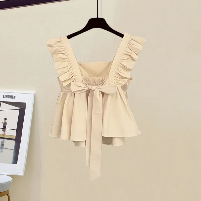 Colete suspenso plissado com babados para mulheres, shorts jeans casuais, roupas elegantes, roupas de verão, conjunto novo de duas peças