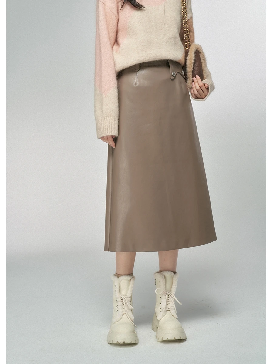 

Декоративная кожаная юбка миди А-силуэта Tan Cerc Waisand: модный дизайн, женская одежда