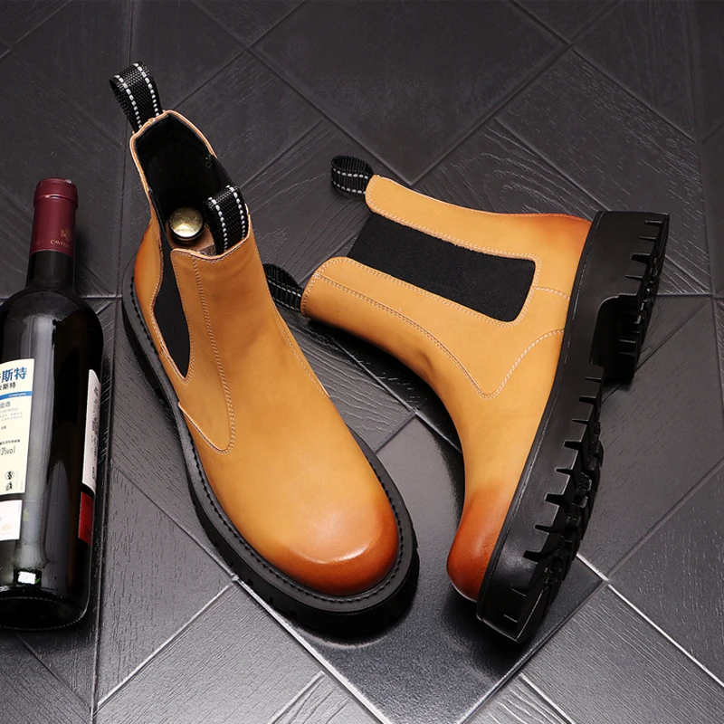 men luxury fashion stage nightclub dress high chelsea boots orange original leather shoes cowboy platform boot motorcycle botas