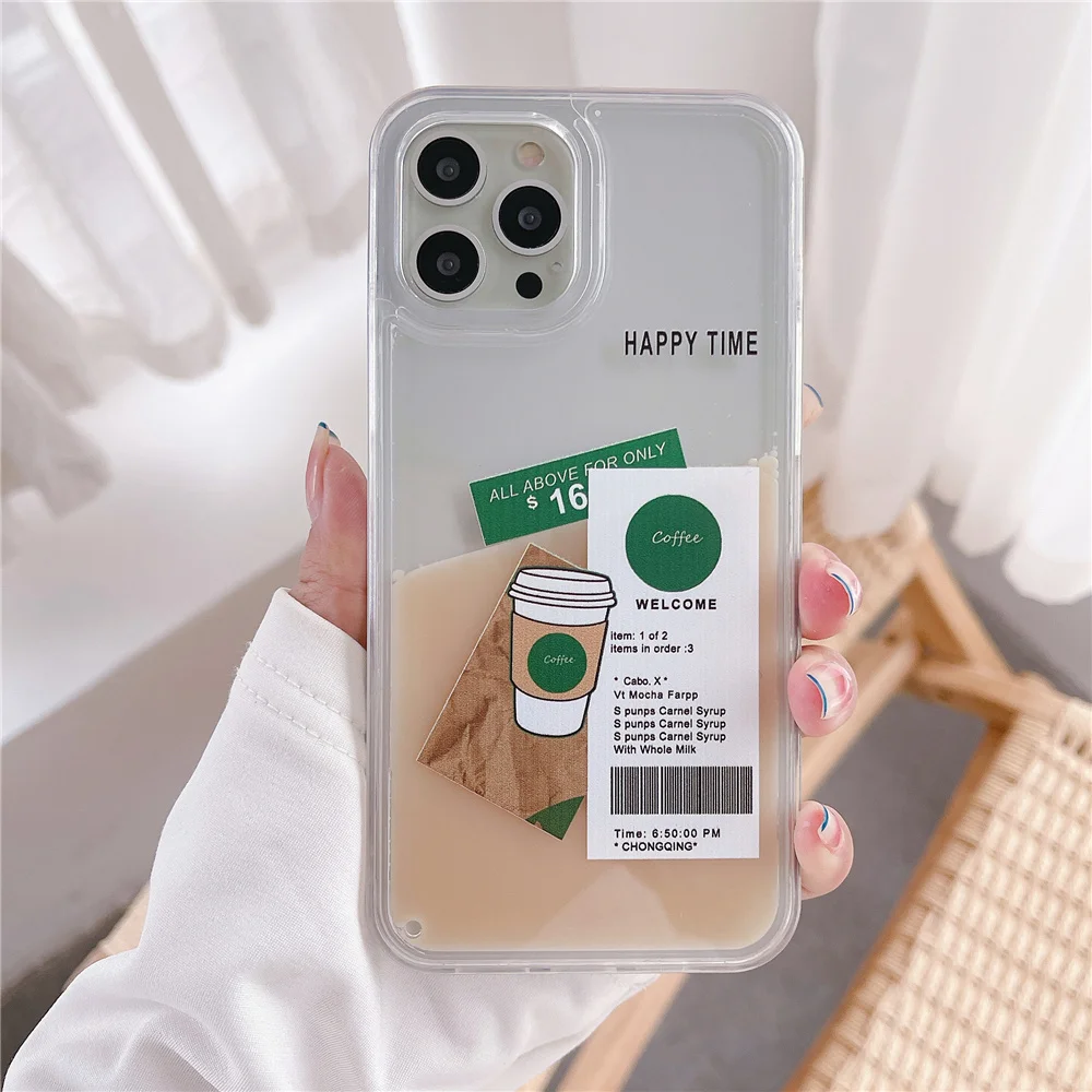 Fashion quicksand coffee milk tea Label Phone Case For iphone 16 14 13Pro Max 12 11 XS 7 8 Plus shockproof full protection Coque