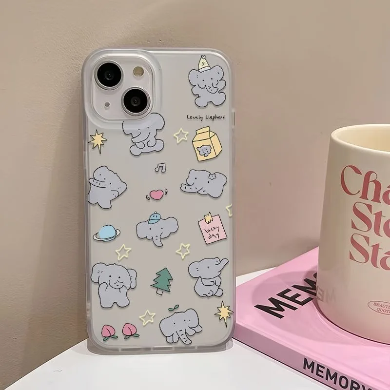 

Phone Case For iPhone 16 15 14 13 12 11 8 7 X XS XR Pro Max Plus INS Cartoon Stars Elephant Print Frosted Clear Protective Cover