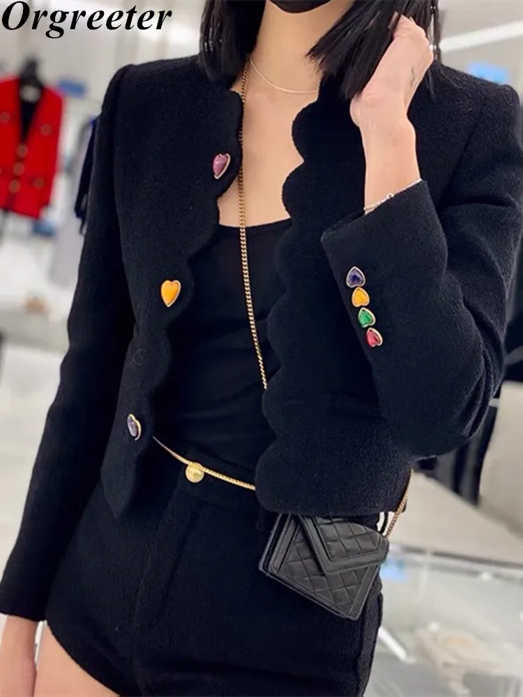 French Black Woolen Jacket Small fragrant wind Short Coat Women's Autumn Temperament Heart-shaped Button Cropped Outwear