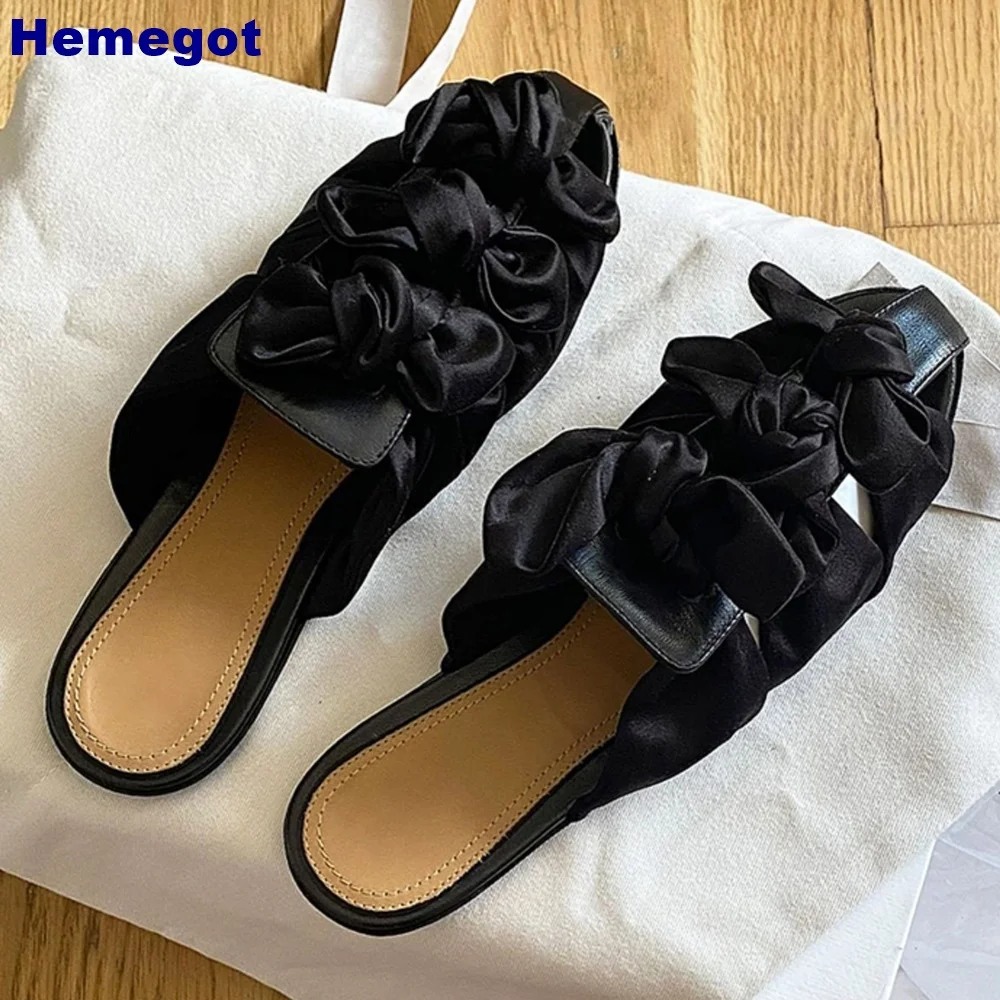 

Round Toe Bow Leather Mules 2024 Summer Outdoor Leisure Hollow Vacation Ladies Slippers Black Slip On Fashion Flat Beach Slides