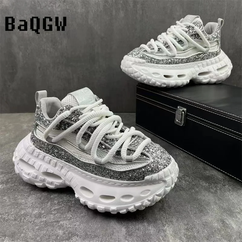 Seqiuned Patchwork Chunky Sneaker Men Designer Sport Shoers Fashion Casual Mesh Breathable Height Increased Flat Platform Shoes