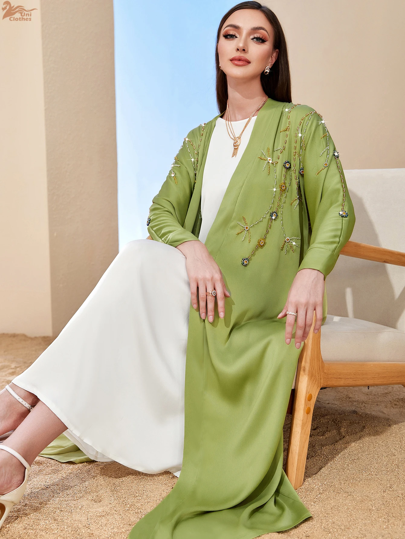 Luxury Middle East Middle Green Muslim Dress for Women Arab Dubai Kimono Abaya Islamic Femme Party Jalabiya Moroccan Kaftan Robe #3