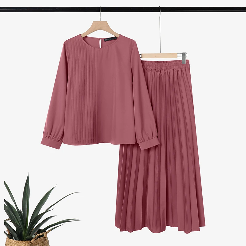 2026 ZANZEA Elegant Muslim 2 Pieces Sets Dubai Hijab Tracksuit Summer Women Long Sleeve Tops Dress Suit Ramadan Outfits Oversize