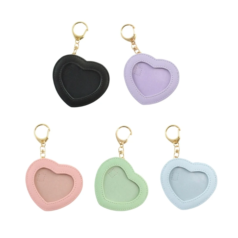 Women Cute Heart Shape Badge Holder Bag Keychain Anime Pin Pendant PU Leather Display Protector Bag for Students and Collectors