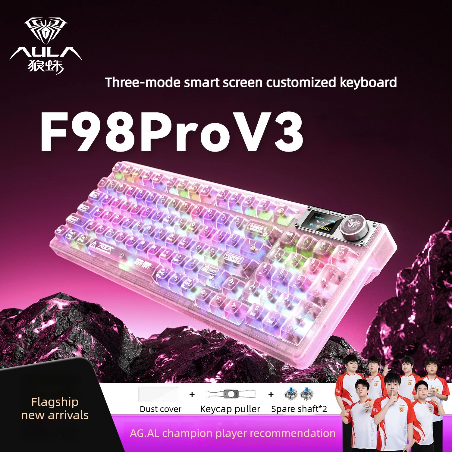 AULA F98Pro V3 Custom 3-Mode Mechanical Keyboard Full-key Hot-swappable Transparent Keycaps RGB Backlight TFT Display 10000mAh