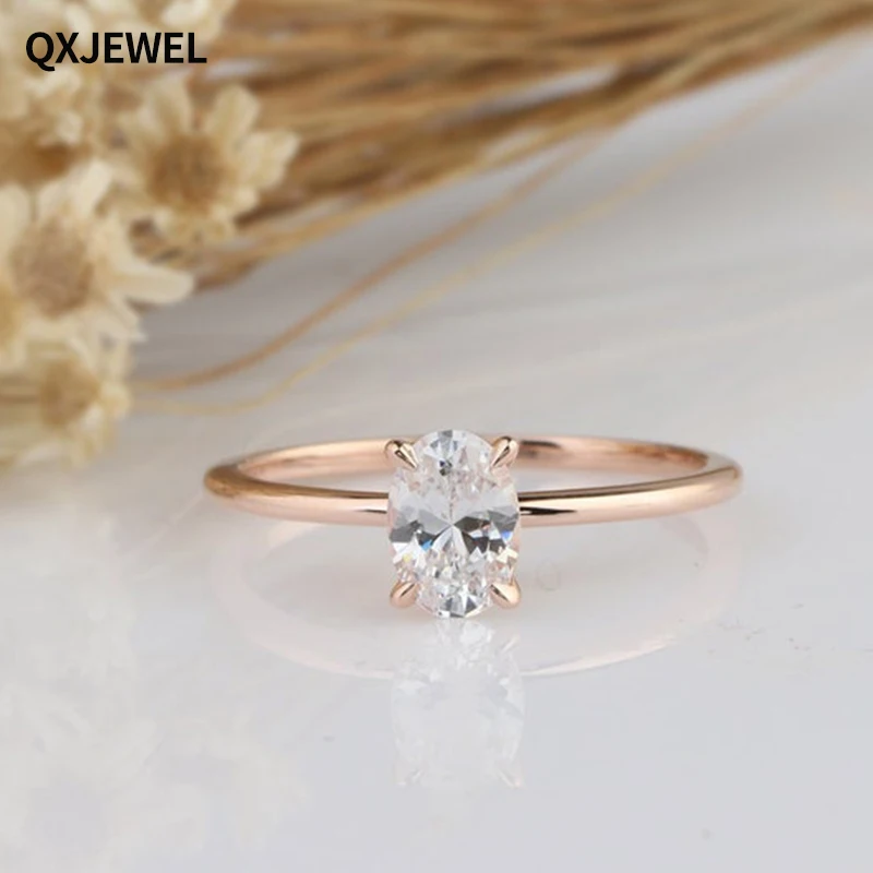 QXJEWEL Oval Cut 14K Solitaire Ring Moissanite Engagement D Color VVS1 0.7CT 4.5*6.5MM