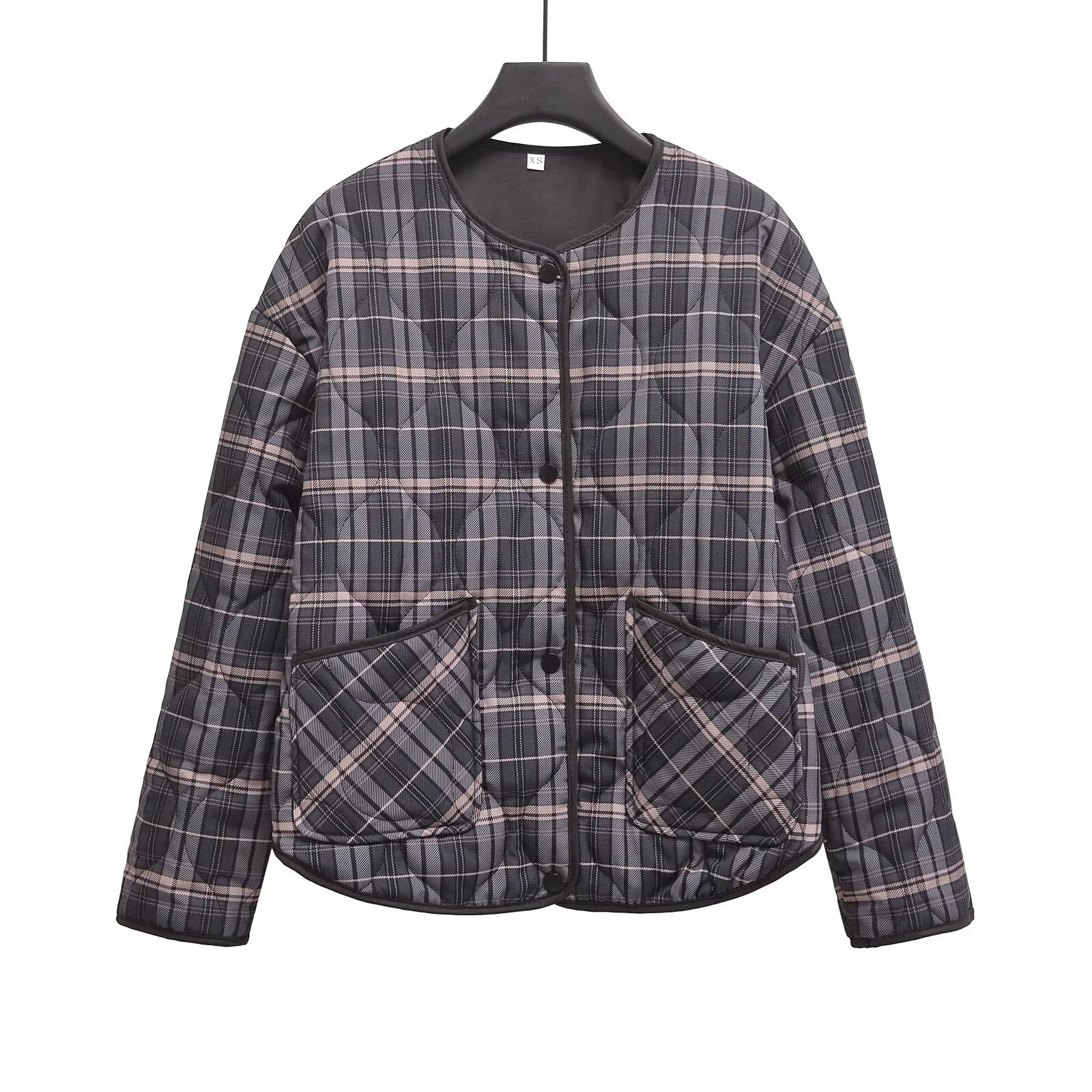 

Зимняя новая женская одежда 2025 года, повседневная универсальная свободная клетчатая куртка с длинными рукавами и круглым вырезом на хлопковой подкладке