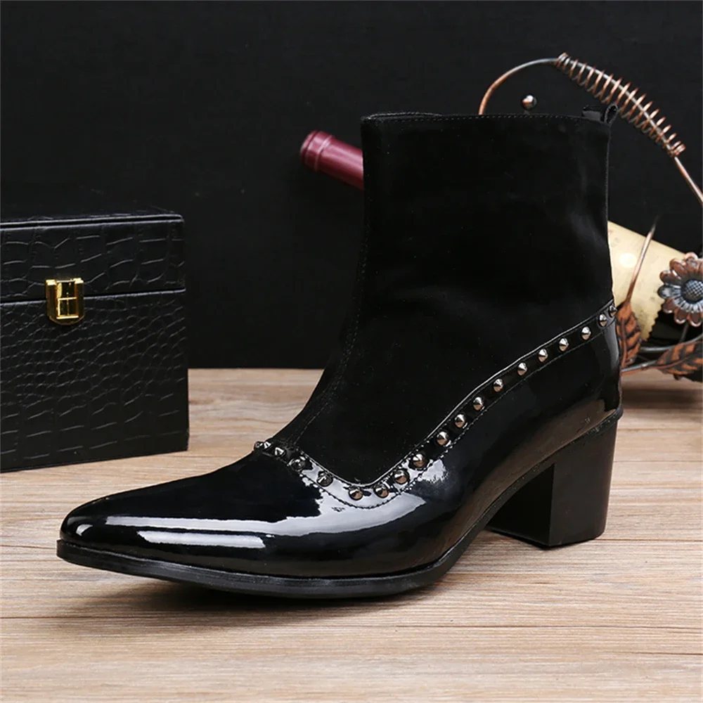 Black Patchwork Nylon Patent Leather Rhinestone Thick High Heels Pointed Toe Boots Male Cowboy British Style Dress Shoes